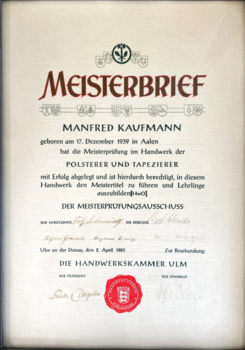 Manfred Kaufmann Meisterbrief