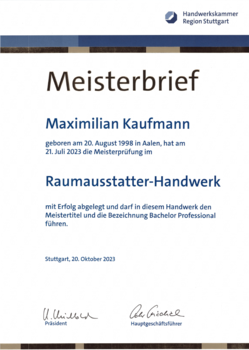Maximilian Kaufmann Meisterbrief